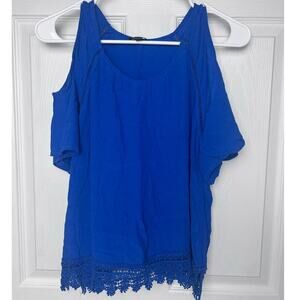 Dee Elly Blouse Shoulder Cut Outs Lace Detail Blue Size Small